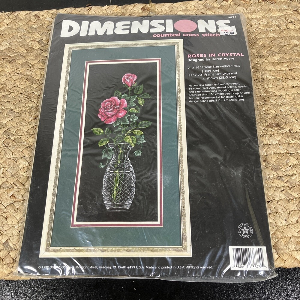 VTG Dimensions Counted Cross Stitch Roses‎ in Crystal on Black Aida Cloth 1998